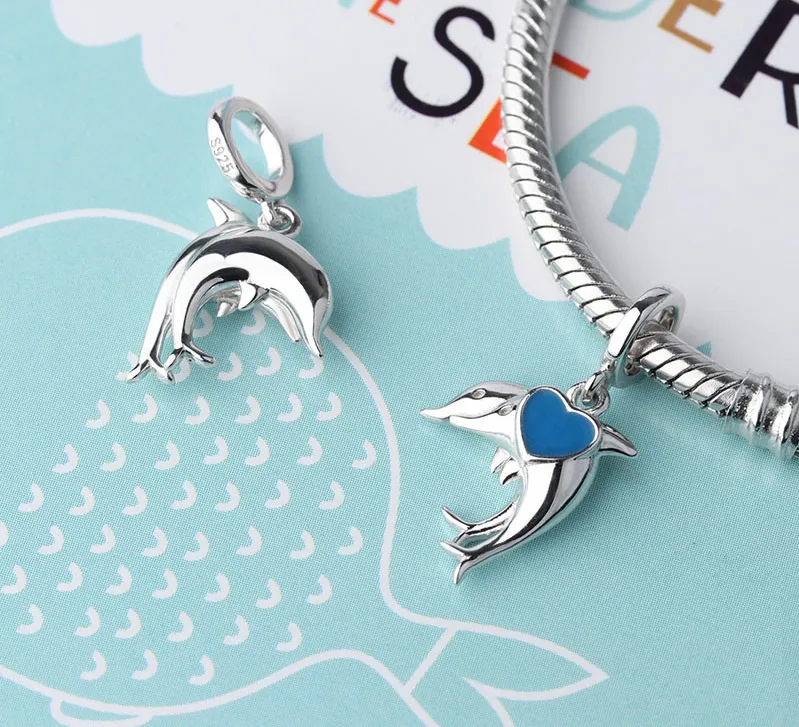 Twin Dolphins Heart Charm 925 Sterling Silver